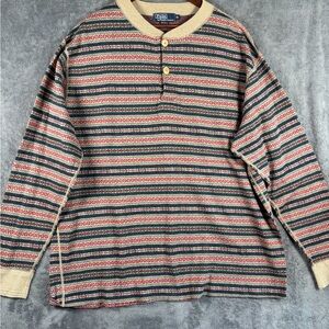 Vintage Polo Ralph Lauren Striped Henley Knit Pullover in Cream, Red & Green XXL